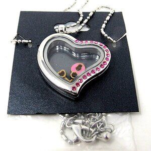 Tilted Heart Floating Necklace Rhinestones Locket Silver Chain 18in Lock Key